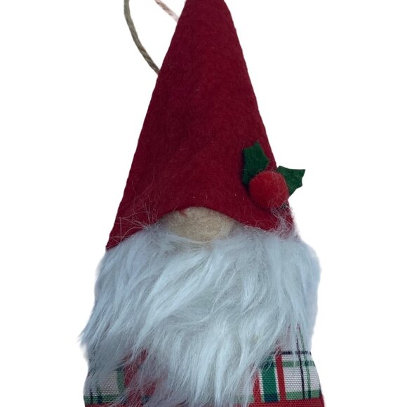 Christmas Gnome Ornament With Red Hat & Plaid Body Felt 6.5" Hanging Loop - Picture 2 of 4